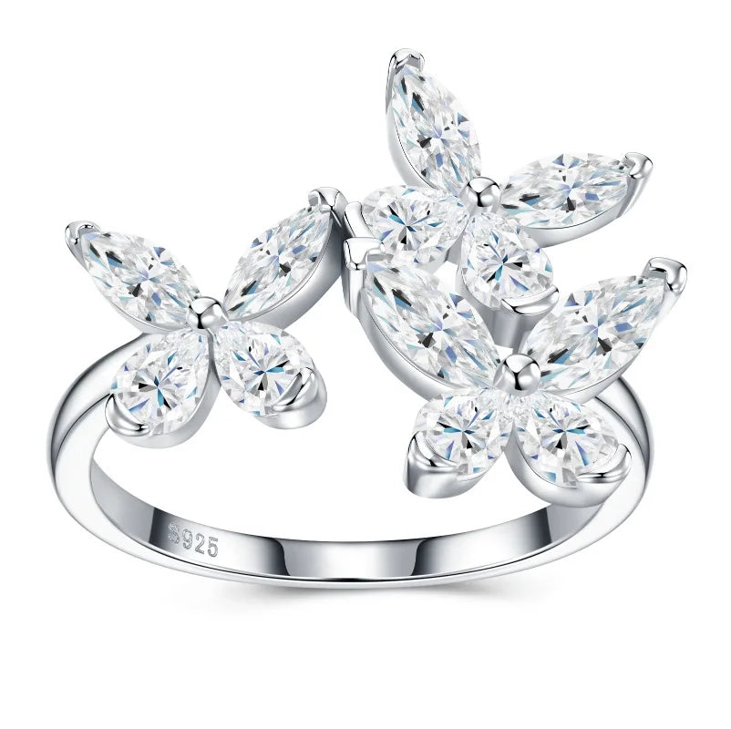 925 Sterling Silver Triple Butterfly Marquise Moissanite Open Ring  Fine Jewelry for Daily Party Vacation Fashion Wearr Ring