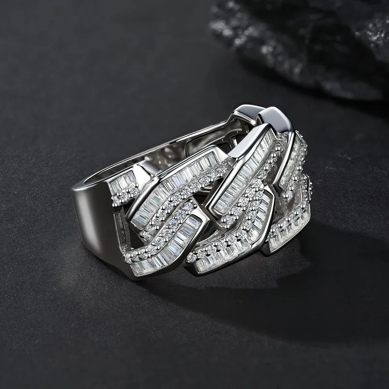 2026 New Trendy Hiphop Men Iced Out Moissanite Ring Shiny Gemstone 925 Silver Ring Emerald Cut Gem Cuban Ring