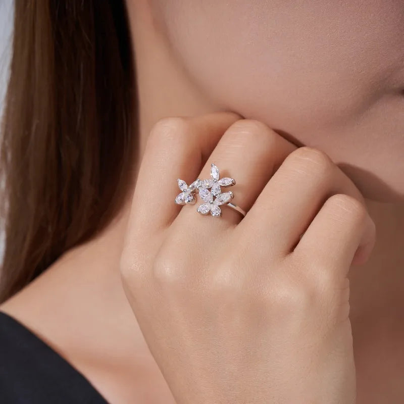 925 Sterling Silver Triple Butterfly Marquise Moissanite Open Ring  Fine Jewelry for Daily Party Vacation Fashion Wearr Ring