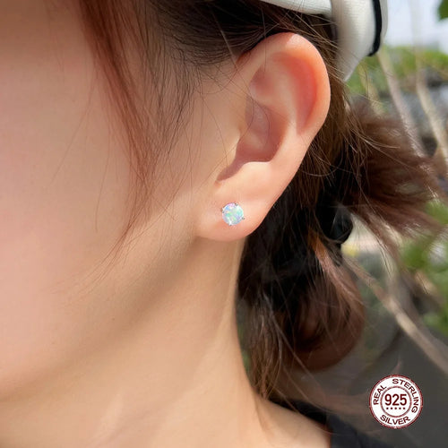 925 Sterling Silver 4 Claw Setting Single 6mm Round White Opal Stone Stud Earrings for Women Girls Everyday Wear Jewelry Gift