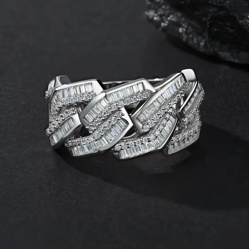 2026 New Trendy Hiphop Men Iced Out Moissanite Ring Shiny Gemstone 925 Silver Ring Emerald Cut Gem Cuban Ring