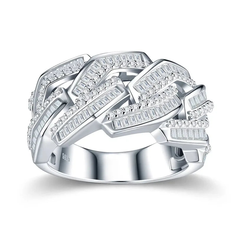 2026 New Trendy Hiphop Men Iced Out Moissanite Ring Shiny Gemstone 925 Silver Ring Emerald Cut Gem Cuban Ring
