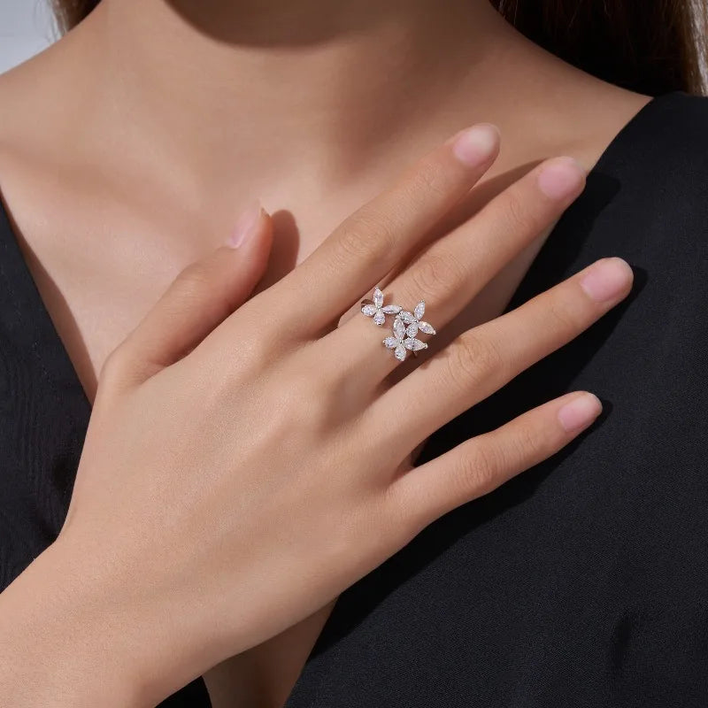 925 Sterling Silver Triple Butterfly Marquise Moissanite Open Ring  Fine Jewelry for Daily Party Vacation Fashion Wearr Ring