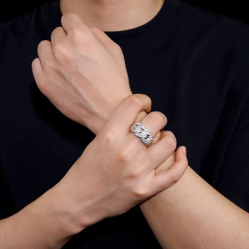 2026 New Trendy Hiphop Men Iced Out Moissanite Ring Shiny Gemstone 925 Silver Ring Emerald Cut Gem Cuban Ring