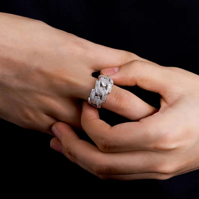 2026 New Trendy Hiphop Men Iced Out Moissanite Ring Shiny Gemstone 925 Silver Ring Emerald Cut Gem Cuban Ring