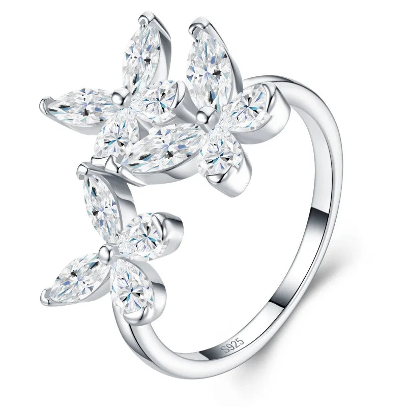 925 Sterling Silver Triple Butterfly Marquise Moissanite Open Ring  Fine Jewelry for Daily Party Vacation Fashion Wearr Ring