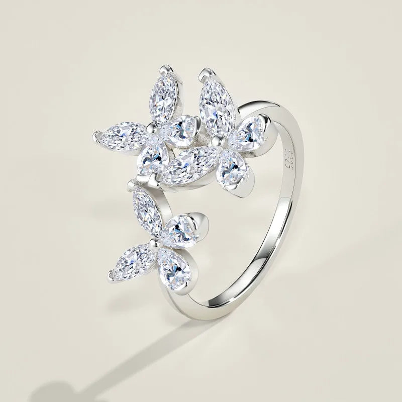 925 Sterling Silver Triple Butterfly Marquise Moissanite Open Ring  Fine Jewelry for Daily Party Vacation Fashion Wearr Ring