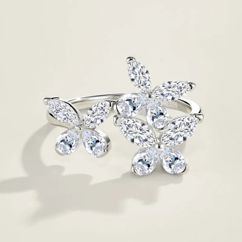 925 Sterling Silver Triple Butterfly Marquise Moissanite Open Ring  Fine Jewelry for Daily Party Vacation Fashion Wearr Ring